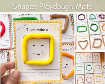 Play dough mats printable, Shapes play dough mats, Homeschool Montessori playdough activity, Preschool activity pack, Pre-K math curriculum.