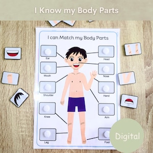 Body parts matching activity for toddlers, Printable busy book page, Preschool curriculum, Montessori busy book page, Homeschool resources.