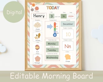 May include: A printable editable morning board with a pink, green and white striped background. The board includes sections for name, age, date, year, month, weather, season, temperature, yesterday, today, tomorrow, today's number, today's letter and colour. The board is designed for children and includes a cloud, leaves, a thermometer, a girl, a pentagon and a star.