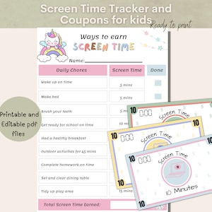Lista de verificación de tiempo frente a la pantalla, cupones de tiempo frente a la pantalla imprimibles, cuadro de tiempo frente a la pantalla para ganar, cuadro de tareas para niños, antes del tiempo frente a la pantalla editable, cuadro de tareas