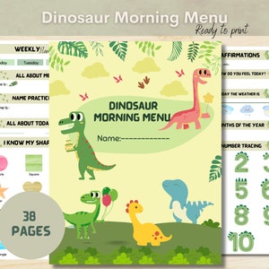 Menu du matin dinosaure pour l'école à la maison, panier du matin pour tout-petits à imprimer, menu du matin pour l'école à la maison Charlotte Mason, matinée préscolaire à l'heure du cercle.