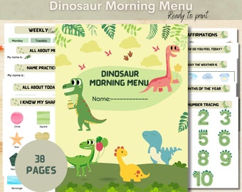 Dinosaur morning menu homeschool, Toddler morning basket printable, Charlotte mason homeschool morning menu, Circle time preschool morning.