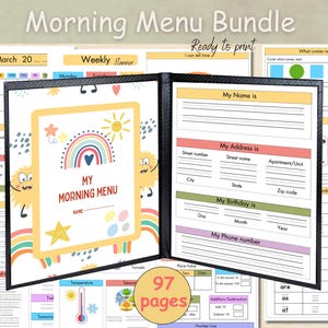 Menu du matin pour l'école maternelle à la maison, Panier du matin pour les tout-petits, Feuille de travail quotidienne pour l'heure du cercle, Menu du matin pour la maternelle avec couverture, Cartable du matin