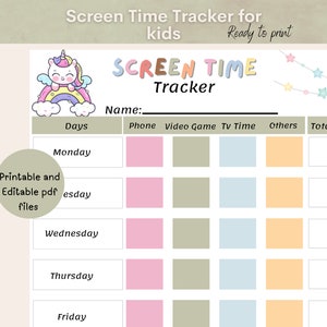 May include: Printable screen time tracker for kids featuring a cute unicorn illustration. The tracker includes sections for phone, video game, TV time, others, and total time. The days of the week are listed on the left side of the tracker.