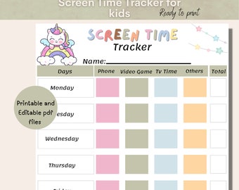 Screen time tracker for kids, Printable weekly screen time tracker, Editable screen tracker, Before screen time , Editable screen time.