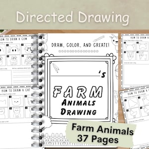 Directed drawing for kids,  Farm animals worksheets, Sentence writing workbook, Step-by-step drawing guide easy for kids.