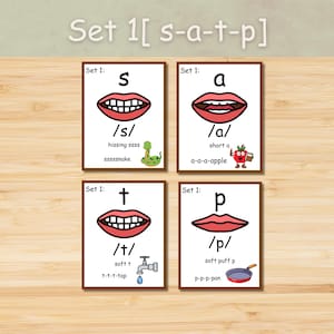 May include: Educational flashcards for phonics, featuring the letters s, a, t, and p. Each card displays a mouth shape, the letter, and a corresponding sound with an illustration. The set includes a snake, apple, faucet, and pan.