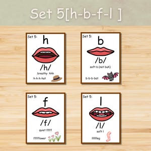 May include: Four flashcards for phonics instruction. Each card features a letter (h, b, f, l) with a corresponding mouth illustration, phonetic symbol, and example word. The cards are labeled "Set 5" and include visual aids like a hat, bat, flowers, and a leg.