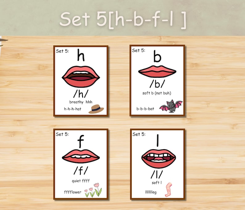 May include: Four flashcards for phonics instruction. Each card features a letter (h, b, f, l) with a corresponding mouth illustration, phonetic symbol, and example word. The cards are labeled "Set 5" and include visual aids like a hat, bat, flowers, and a leg.