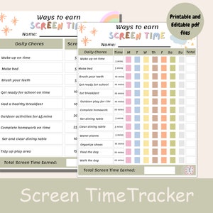 Screen time tracker for kids, Editable printable screen time chart, How to earn Screen time, Screen time chore chart, Screen time schedule.