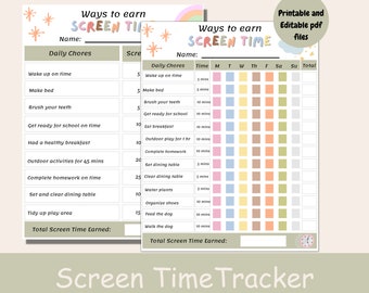 Screen time tracker for kids, Editable printable screen time chart, How to earn Screen time, Screen time chore chart, Screen time schedule.