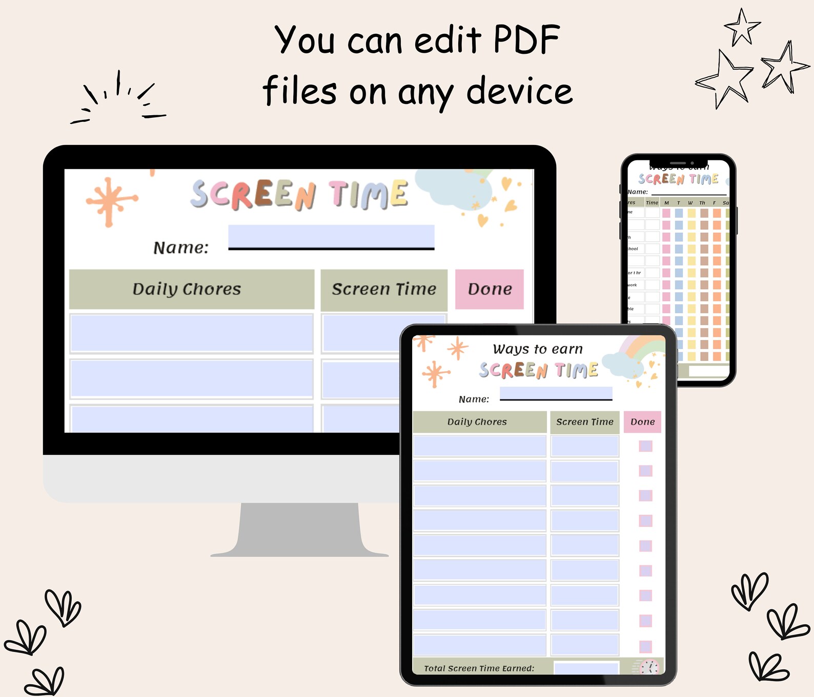 Sticker Chart Screen Time Screen Time Tracker for Kids, Editable Printable Screen Time Chart, How ...