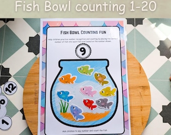 Fish Bowl Number Matching Game Printable, Preschool Math Center, Counting Activity, Ocean Theme Toddler Learning Game, Early learning fun.