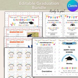 May include: Editable printable graduation templates for kindergarten. The set includes a diploma, graduation day certificates, gift tags, and welcome signs with colorful confetti and bunting decorations. The text reads "Kindergarten Diploma Class of 2024", "Graduation Day", "Congratulations Graduates", and "Welcome to Happy Faces School Kindergarten Graduation Honoring Class of 2024".