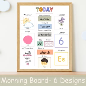 Pizarra matutina para la hora del círculo en la educación en el hogar, Pizarra para la hora del círculo en preescolar, Gráfico del tiempo, Gráfico de hoy, Pizarra matutina para niños pequeños, Calendario para la hora del círculo.