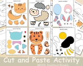 Puede incluir: Una actividad de cortar y pegar imprimible para niños. La imagen muestra seis plantillas de animales diferentes: un gato, una oveja, un conejito, un búho, un tigre y una abeja. Cada animal se divide en piezas separadas que los niños pueden cortar y pegar para crear el animal completo.