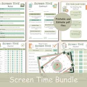 May include: Printable green and white screen time bundle for kids. Includes a contract, checklist, rules, and consequences for violating the contract.  The bundle also includes a screen time game with a timer.