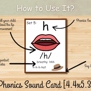 May include: A phonics sound card with the letter "h" and a drawing of lips. The card includes the text "/h/" and "breathy hhh", along with a picture of a hat. The card measures 4.4 x 5.3 inches.