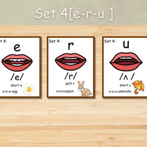 May include: Three educational flashcards with the text "Set 4 [e-r-u]" at the top. Each card features a stylized mouth illustration and phonetic symbols. The cards also include images of an egg, a rabbit, and an umbrella.