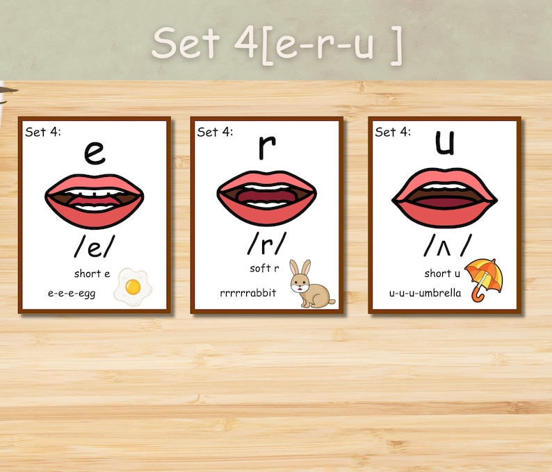 May include: Three educational flashcards with the text "Set 4 [e-r-u]" at the top. Each card features a stylized mouth illustration and phonetic symbols. The cards also include images of an egg, a rabbit, and an umbrella.