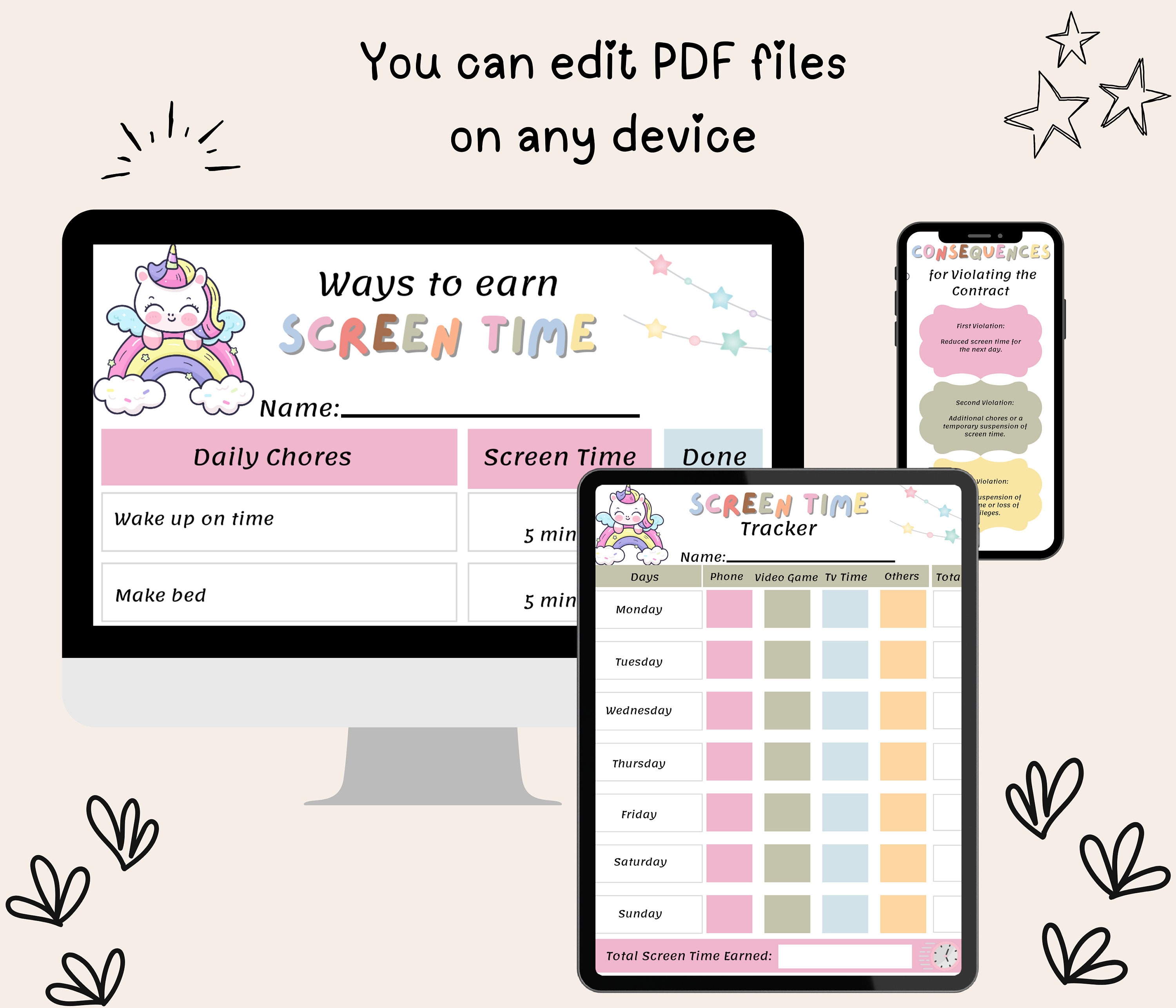 Screen Time Bundle for Kids, Screen Time Contract Printable, Screen Time Rules, Editable Screen ...