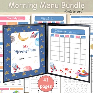 Morning menu cursive, Homeschool morning basket, Circle time calendar, Kindergarten daily worksheets, Cursive handwriting worksheets.