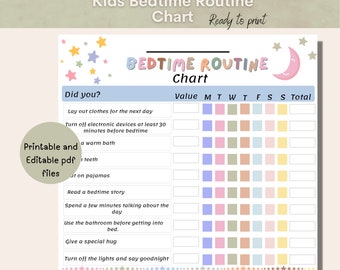 May include: A printable bedtime routine chart with a colorful design featuring stars and a crescent moon. The chart includes a list of bedtime activities, such as laying out clothes, turning off electronic devices, taking a warm bath, brushing teeth, putting on pajamas, reading a bedtime story, talking about the day, using the bathroom, giving a hug, and turning off the lights. The chart has columns for each day of the week and a total column.