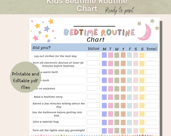 Bedtime Routine Chart, Bedtime Chart for Toddlers, Chore Chart for Kids ...