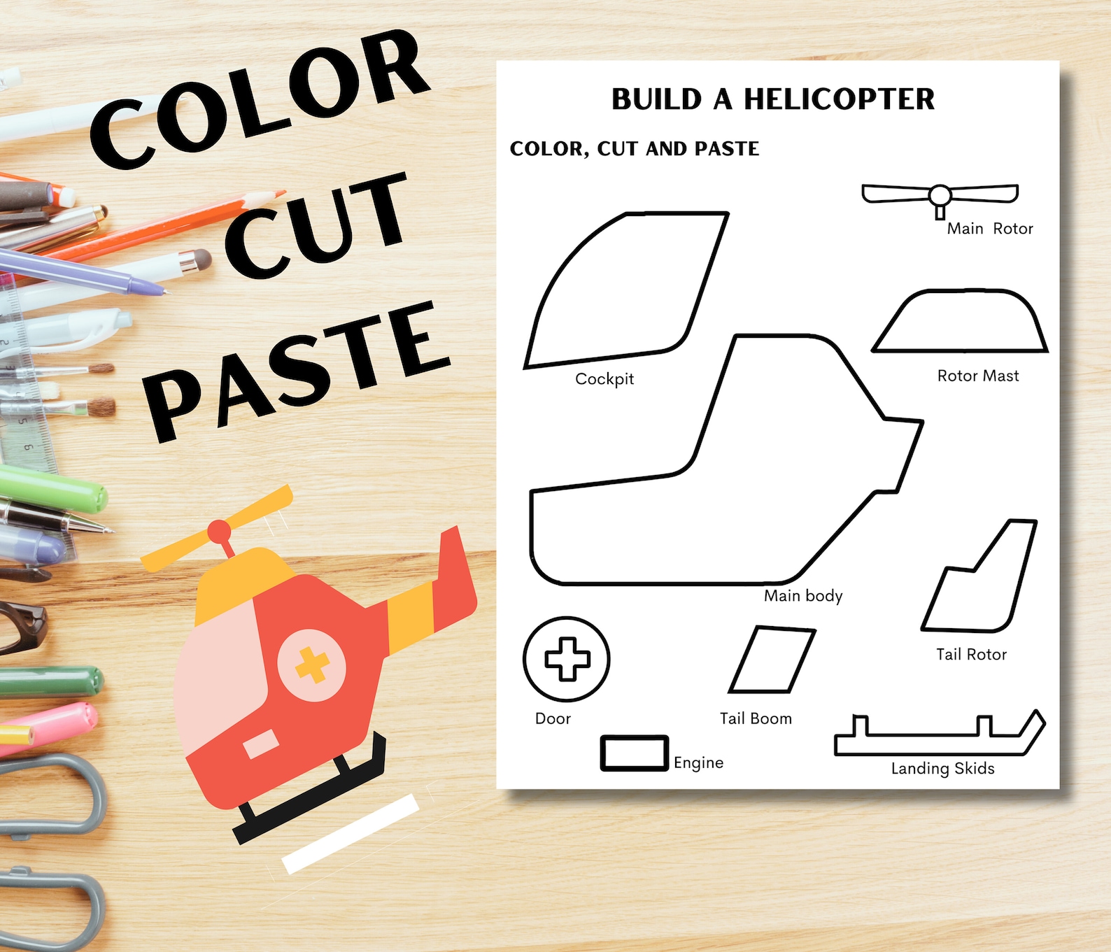 Cut and Paste Printable Helicopter Activity, Preschool Cutting Practice ...
