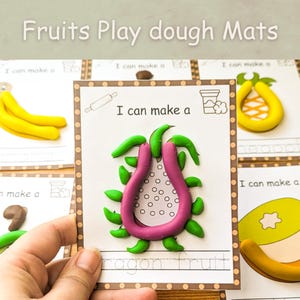 Tappetini di pasta modellabile con frutta stampabili, Tappetini di pasta modellabile per l'apprendimento prescolare e prescolare, Schede visive Montessori per la scuola materna, Tappetini per l'asilo