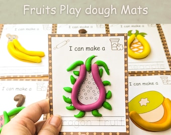 Tappetini di pasta modellabile con frutta stampabili, Tappetini di pasta modellabile per l'apprendimento prescolare e prescolare, Schede visive Montessori per la scuola materna, Tappetini per l'asilo