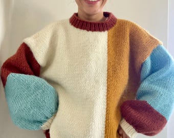 Knit Wool Patchwork Jumper, Oversized Knit Sweater, Unique Handmade Pullover, Custom Color Combo