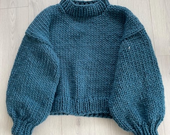 Hand Knit Chunky Wool Sweater | Oversized Balloon Sleeve Pullover