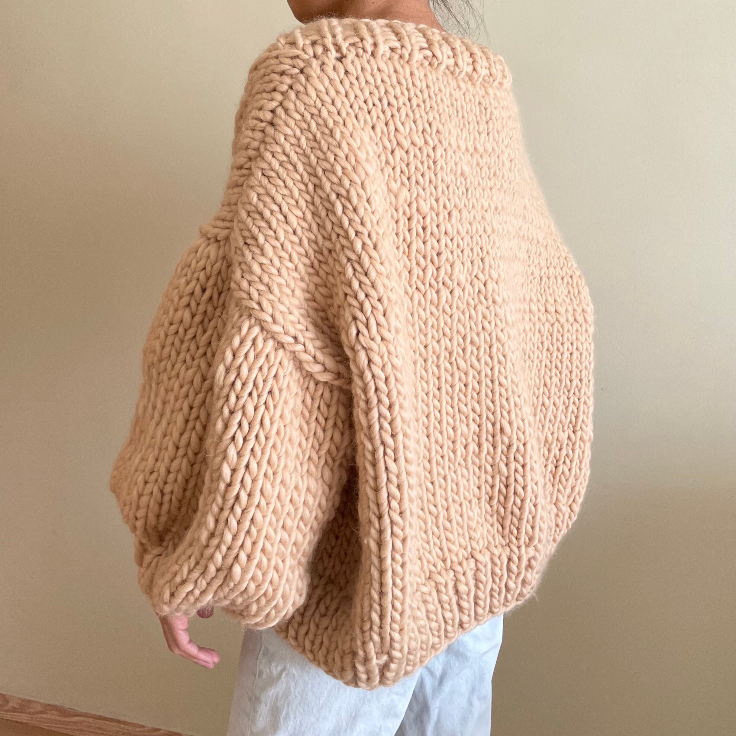 Oversized Chunky Cardigan, Hand Knit, 100% Wool, Beige Color