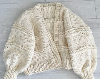 Hand Knit Chunky Wool Cardigan, Oversized Balloon Sleeve Cardigan, Cozy Winter Sweater