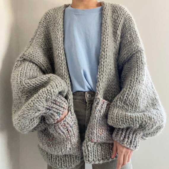 Chunky Wool Cardigan, Oversized Fit with Pockets & Balloon Sleeves | Choose Color | Made to Order
