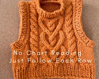Heart Cable Chunky Vest Knitting Pattern PDF