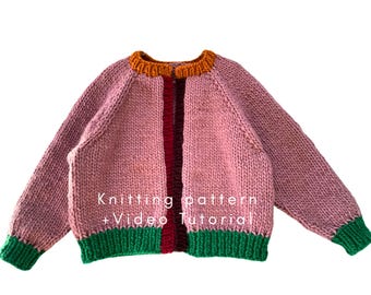 Top Down Chunky Raglan Cardigan Knitting Pattern PDF with Video