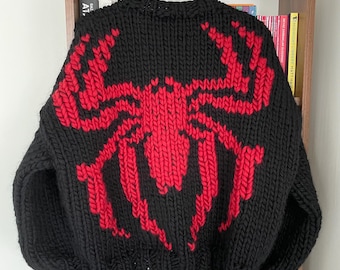 Hand Knit Spider Cardigan | Chunky Black Red Wool Oversized Pullover