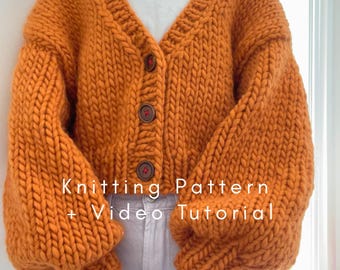 Button Up Chunky Cardigan Knitting Pattern PDF with Video Tutorial