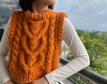 Hand Knit Heart Cable Vest, Cropped Chunky Sweater Tank