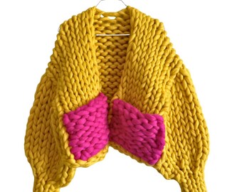 Jumbo Wool Cardigan with Hot Pink Pockets,  Bold Statement Knitwear, Super Chunky Wool Sweater