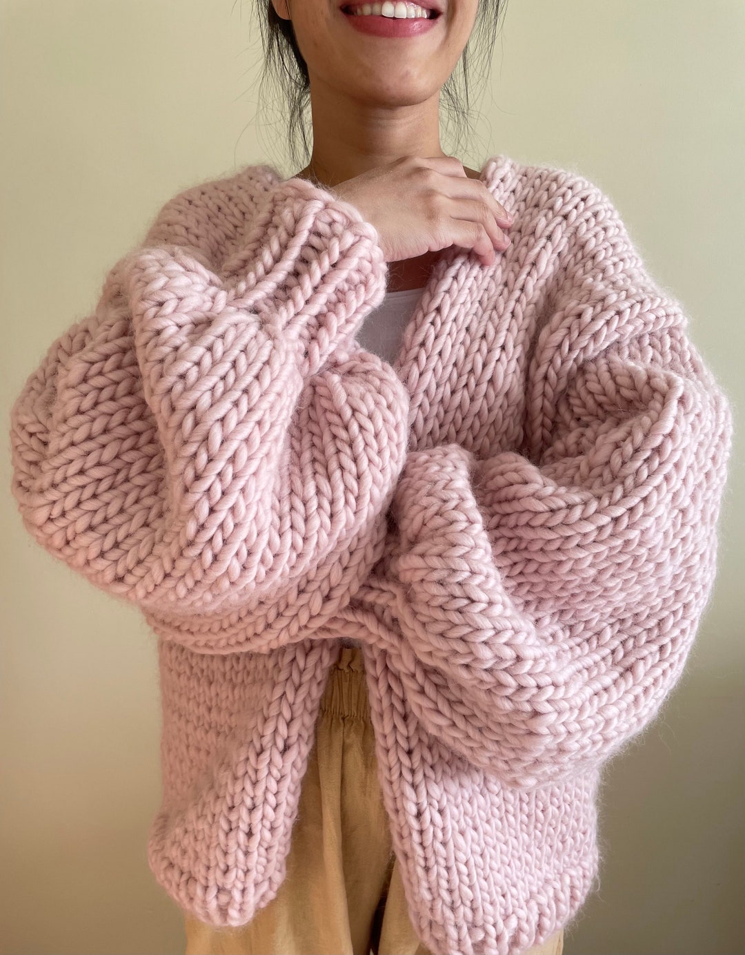 Chunky Wool Cardigan, Handmade Knit, 100 Wool, Pastel Pink Cardigan