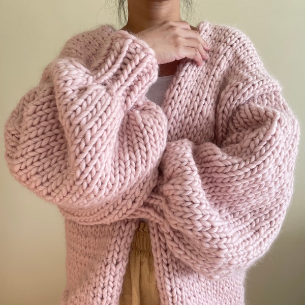 Chunky Wool Cardigan, Handmade Knit, 100% Wool, Pastel Pink Cardigan, Gift for her