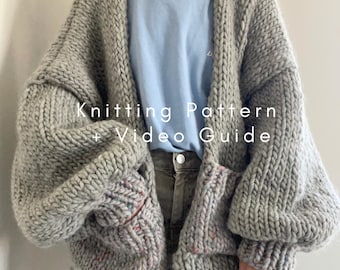 Pocket Oversized Chunky Cardigan Knitting Pattern PDF with Video