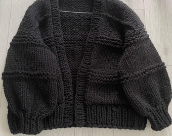 Pocket Chunky Wool Cardigan, Hand Knit Oversized Cardigan, Balloon Sleeve Sweater, Made to Order