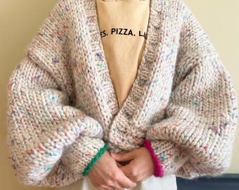 Pocket Chunky Wool Cardigan | Oversized Cropped Sweater | Balloon Sleeve Hand Knit Cardigan