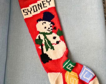 Hand Knitted Wool Christmas Stocking, Vintage Snowman Design