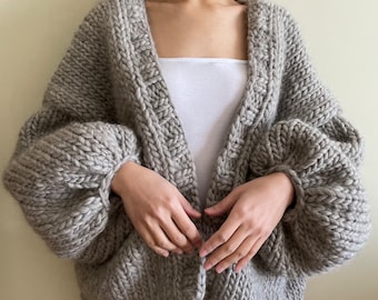 Oversized Chunky Cardigan, 100% Wool Sweater, Hand Knit , Grey Minimal Cardigan, Balloon Sleeve, Gift for her