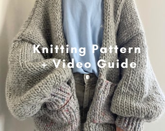Pocket Oversized Chunky Cardigan Knitting Pattern PDF with Video